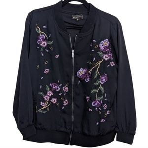 Women's Black Floral Embroidered Zip Jacket M 🌸